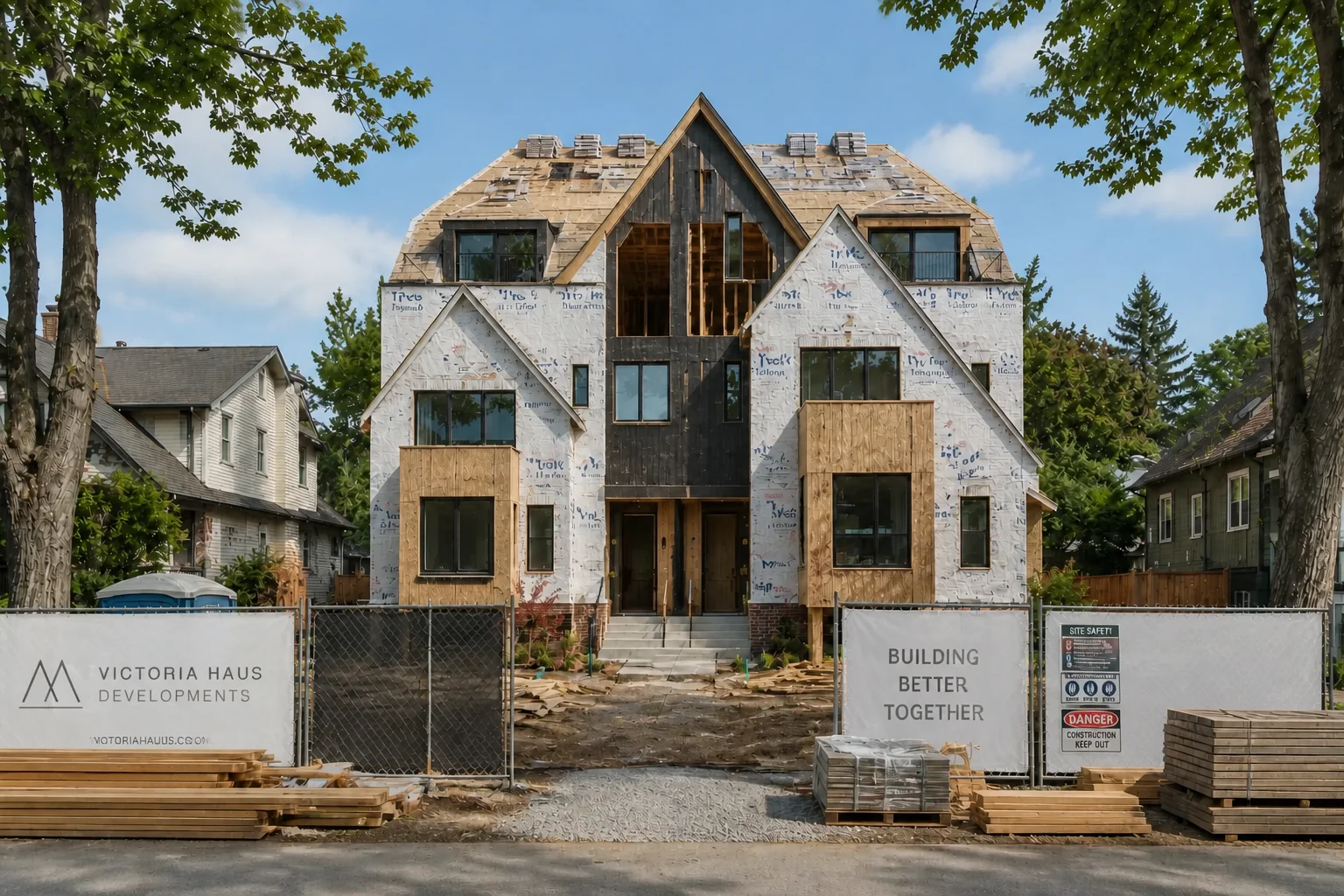 Victoria Haus under construction, sheathed and framed, seen from Victoria Drive